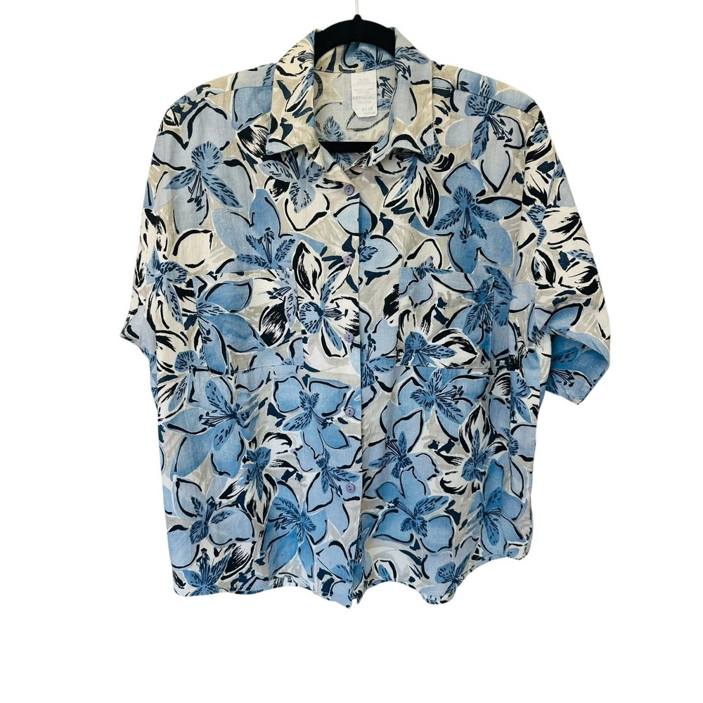 VTG Cream Navy White Black Floral Print Button Blouse Boxy Style Oversized M